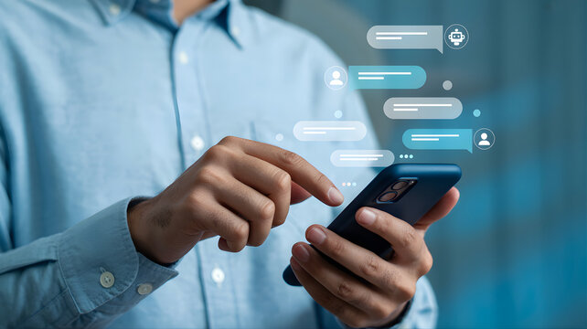 Close-up of a person using a mobile phone to send and receive messages in a digital communication setting