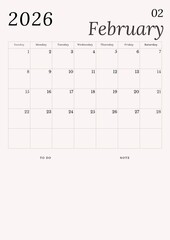 A minimalist black and white calendar for February 2026 on a white background. A simple desk calendar starting with Sunday.