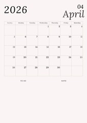 A minimalist black and white calendar for April 2026 on a white background. A simple desk calendar starting with Sunday.