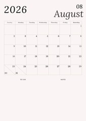 A minimalist black and white calendar for August 2026 on a white background. A simple desk calendar starting with Sunday.