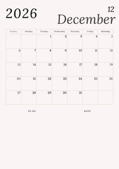 A minimalist black and white calendar for December 2026 on a white background. A simple desk calendar starting with Sunday.