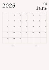 A minimalist black and white calendar for June 2026 on a white background. A simple desk calendar starting with Sunday.