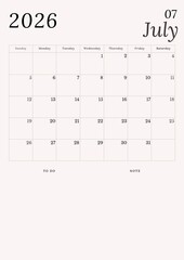 A minimalist black and white calendar for July 2026 on a white background. A simple desk calendar starting with Sunday.