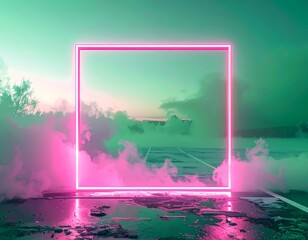 Obraz premium Neon Rahmen mit Wolken und Landschaft im Hintergrund - pink und grün