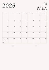 A minimalist black and white calendar for May 2026 on a white background. A simple desk calendar starting with Sunday.