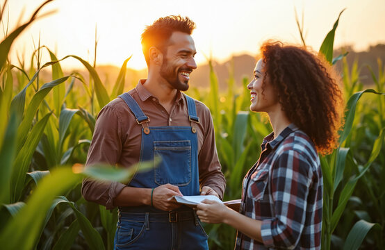 Happy diverse farm owners joyfully examine cornfield crops at golden sunset. Young smiling bearded man, curly haired woman hold documents, analyze field yield progress. Plan innovative agri-business, - Powered by Adobe