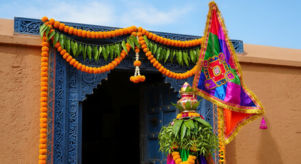 Gudi padwa decoration adorns the entrance of a home in Maharashtra, India, celebrating the Hindu new year with vibrant colors and traditional elements.