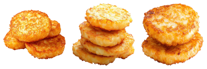 Golden brown hash browns in various stacks, perfect for breakfast or a side dish