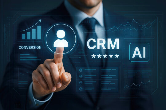 Businessman interacting with CRM and AI interface on a digital screen suit touching