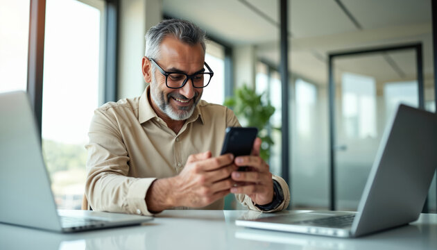 Mature man with glasses uses smartphone while sitting at a desk with laptops. He smiles, working online in a modern office with large windows. This executive uses tech for business.