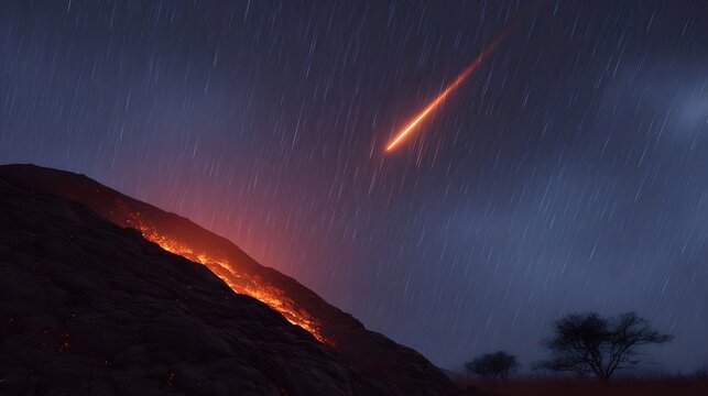 Meteor streaks across a dark rainy night sky over a glowing lava flow on a volcanic mountainside