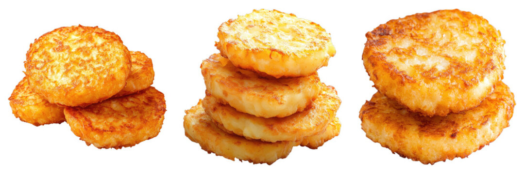 Golden brown hash browns in various stacks, perfect for breakfast or a side dish