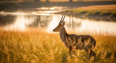 Waterbuck stands alert in golden grassland near reflective waterhole at sunset, showcasing the beauty of african wildlife and serene nature.