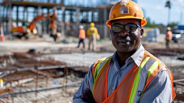 A construction worker stands proudly at a busy job site, surrounded by machinery and team members. Construction worker smiles confidently at job site during infrastructure development