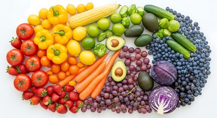 Arrangement of Fresh Fruits and Vegetables Displaying a Vibrant Rainbow Color