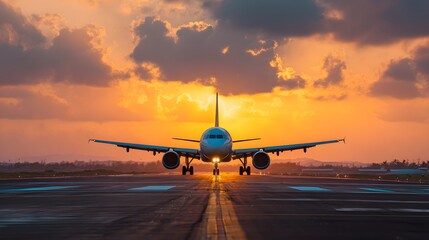 Fototapeta premium Commercial jet aircraft prepares for takeoff or landing on a runway during a dramatic sunset
