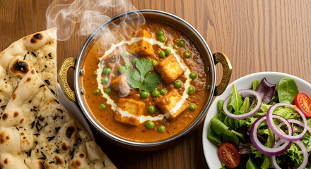 Delicious paneer butter masala served with naan bread and fresh salad on wooden table, showcasing indian cuisine in warm, inviting atmosphere.