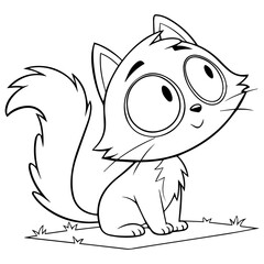 A cute cartoon kitten with big eyes and a fluffy tail, presented as a black and white coloring page.