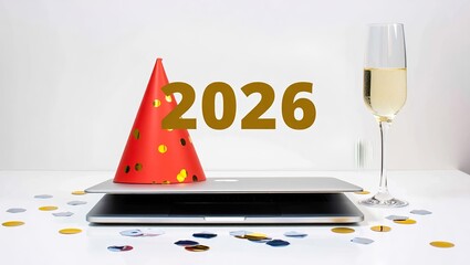 Minimalist Workspace Celebration 2026 – Laptop with Party Hat, Confetti, and Champagne Glass