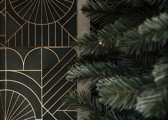 Geometric Gold Lines On Dark Backdrop With Christmas Tree Branches And Green Pine Needles