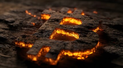 Currency symbol shape emerges from cracked, dark stone surface emitting intense glowing heat