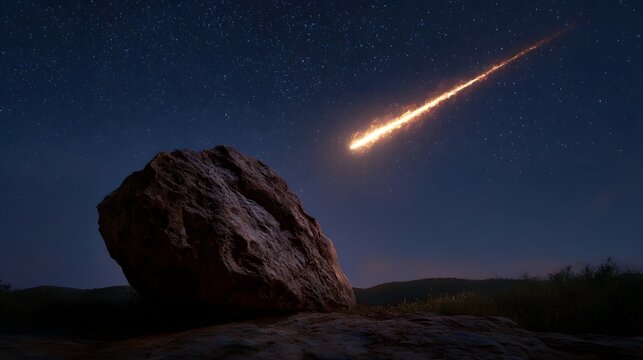 A fiery meteor streaks across the starry night sky above a large ancient boulder