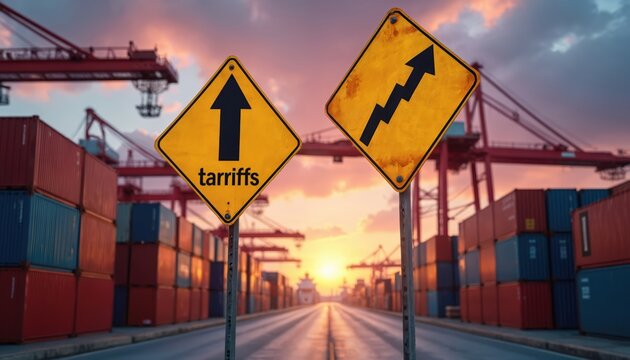 Port with shipping containers and cranes shows signs for tariffs. Upward arrows symbolize rising costs. Sunset light casts glow over global trade.