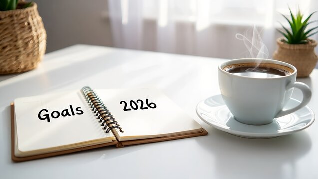 Goals 2026 – Clean Modern Desk Setup with Coffee and Sunlight for a Minimalist Productivity Aesthetic