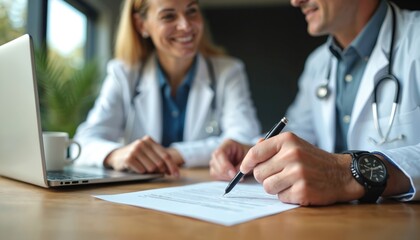 Two doctors in white coats review patient forms at desk with laptop. professional signs document while other smiles. Discussing health insurance benefits, care plan, medical history.