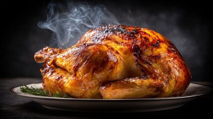 Golden roasted whole chicken steaming hot served on a plate with rosemary sprig