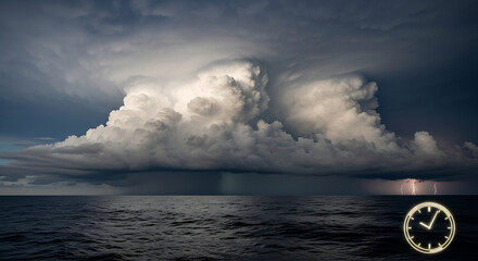 Storm cloud looms over the dark ocean with distant lightning strikes, showcasing nature's power and creating a dramatic, ominous atmosphere.