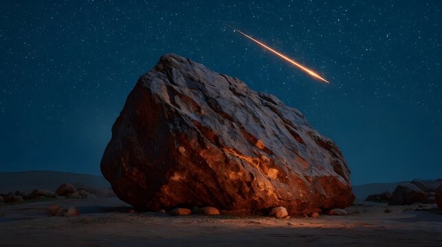 A large illuminated rock sits under a starry night sky as a meteor streaks across the darkness - Powered by Adobe