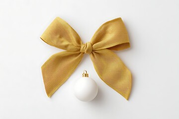Overhead shot of golden bow and white bauble isolated on white background