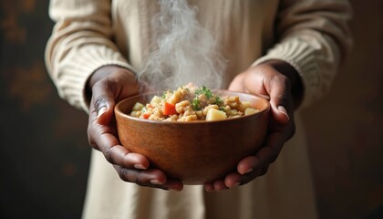 Hands holding wooden bowl with steaming food. Warm meal of potato and herbs shown. Image represents hope and gratitude. Black history month theme conveys nourishment and care. Comfort food concept.