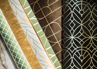 Elegant Geometric Wallpaper Rolls With Gold Accents In Green, Brown, And Black Art Deco Pattern