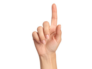 Obraz premium Woman’s Hand Pointing Up with Index Finger, Realistic Front View, Isolated PNG