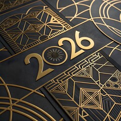 Elegant Gold Geometric 2026 Holiday Design With Intricate Art Deco Patterns for New Year Celebration

