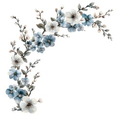 Delicate arrangement of white and blue blossoms forms an elegant corner border design