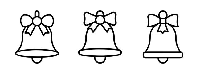 Christmas bells vector outline drawing, holiday bells with bows, festive decoration bells clip art