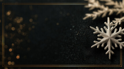 Celebrate the New Year with a festive black velvet background and elegant gold accents featuring a sparkling silver snowflake design