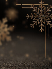 Celebrate the New Year with elegant black and gold design featuring geometric ornament and festive snowflakes in the background