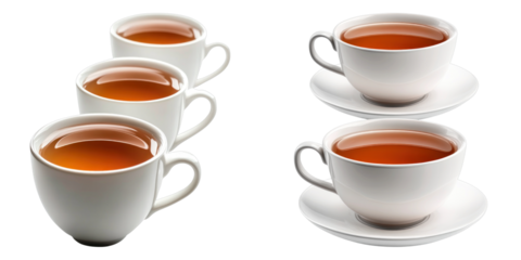 A close-up view of six elegant white tea cups filled with a steaming tea
