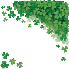Dense arrangement of green shamrocks forms a thick, corner border on a transparent canvas, suitable for st patrick's day greetings and ads