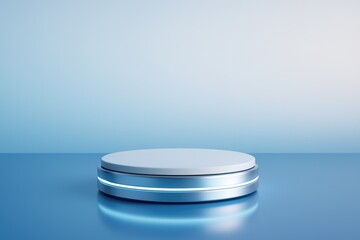 Futuristic illuminated podium with blue and white gradient background stage platform