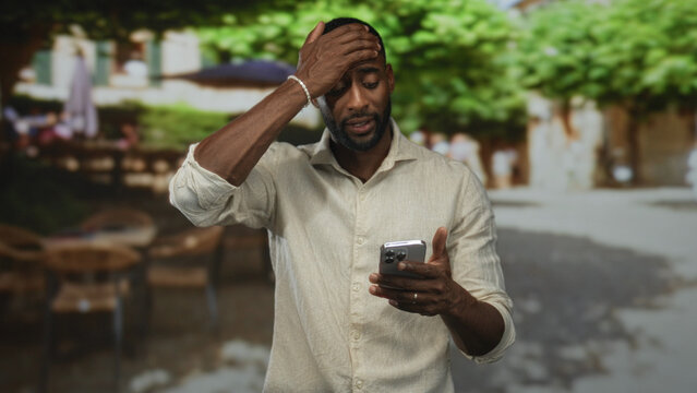 Man checks smartphone with hand to mouth on a restaurant terrace, standing outdoors; thoughtful moment.