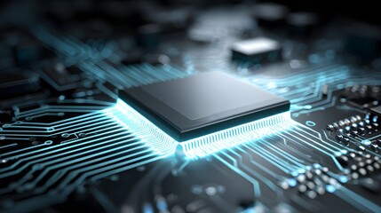 Central processing unit glows with brilliant blue light on a dark circuit board
