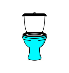 A simple vector illustration of a bright cyan toilet with an open black lid, viewed from the front against a white background.