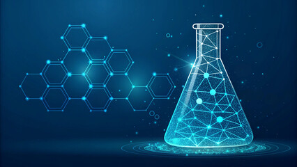 Digital glowing laboratory flask with network connections. Modern science, chemistry, and technology concept for research and innovation themes.