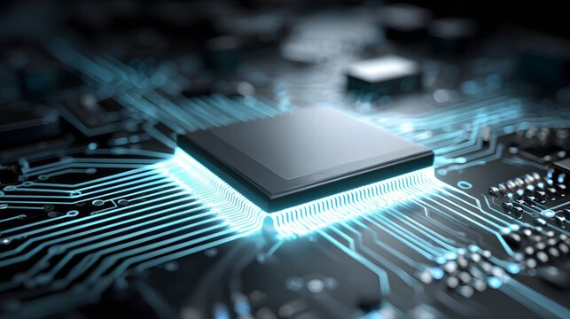 Central processing unit glows with brilliant blue light on a dark circuit board