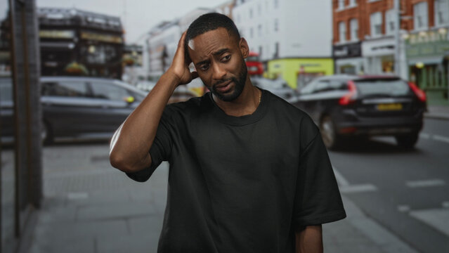 Young african american man with hand on head standing on busy city street sidewalk near blurred cars and red double decker bus; quiet concern.